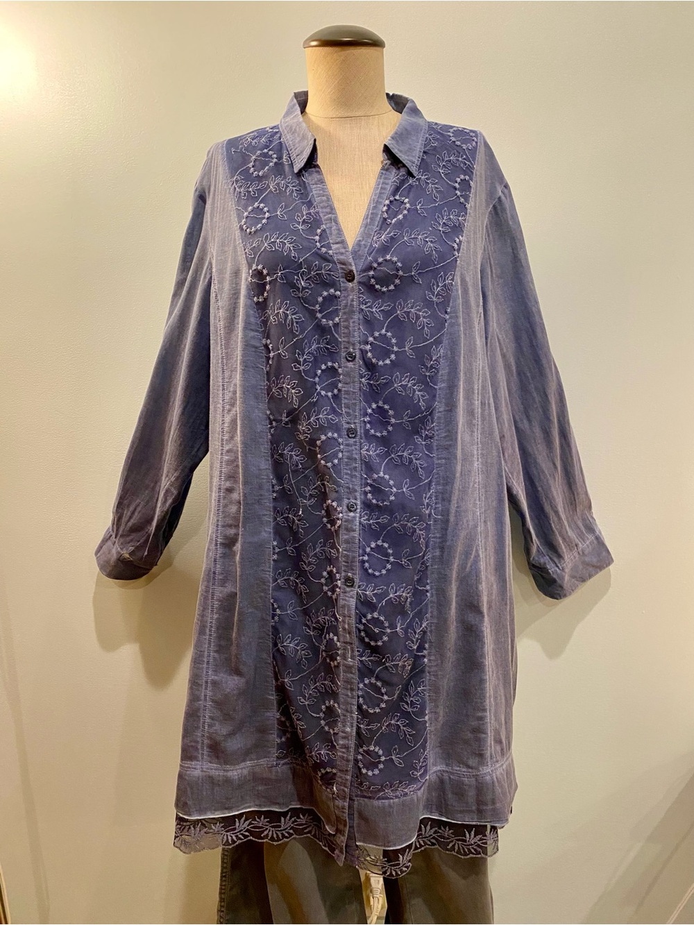 Embroidered Chambray Shirt Dress in Dusty Blue